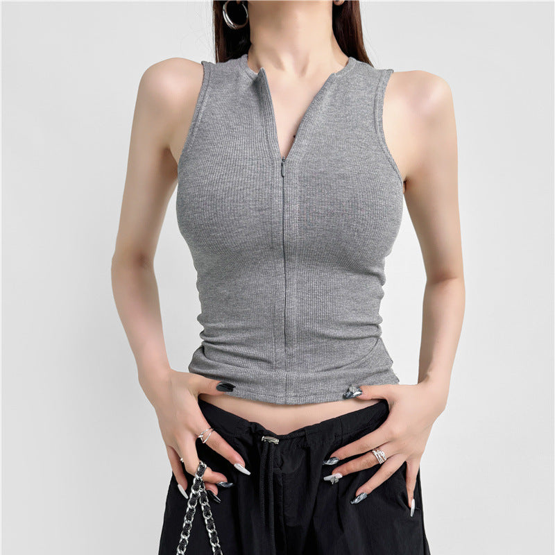 Women's Ribbed Front Zip Sleeveless Vest