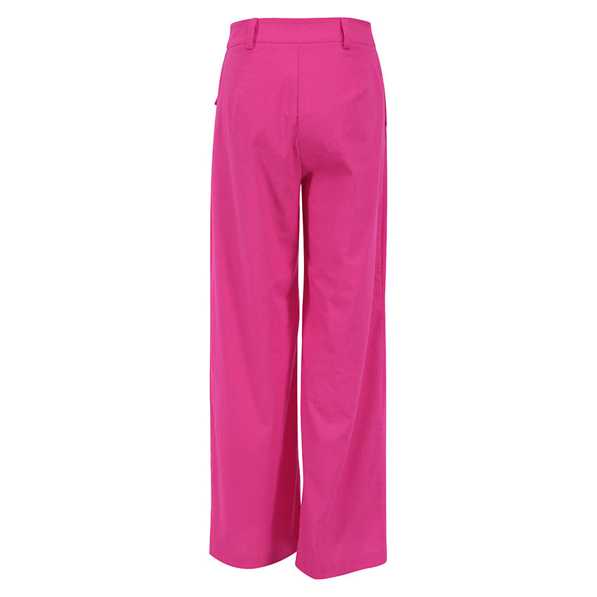 Women's Hot Pink Cotton Linen Wide Leg High Waist Trousers