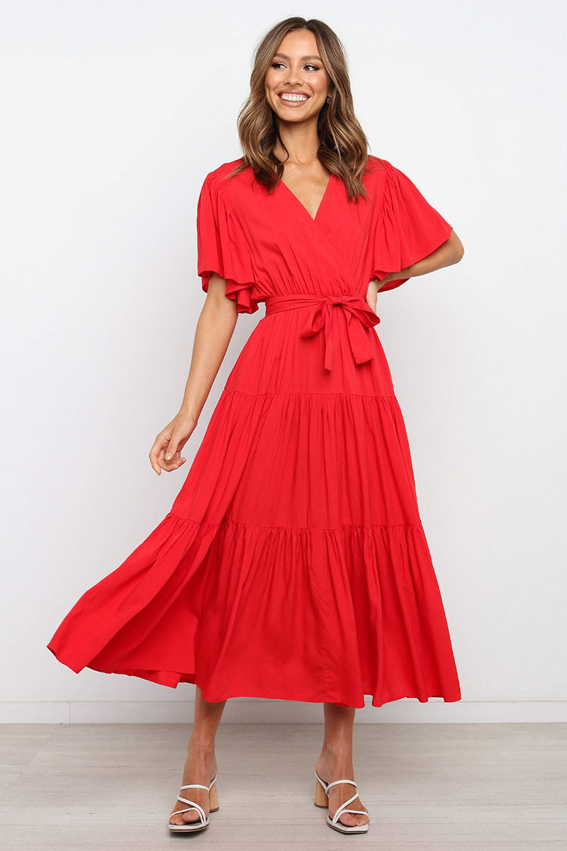 Women's Bohemian Solid Colour V-neck Tie Belt Waist Batwing Short Sleeve Dress