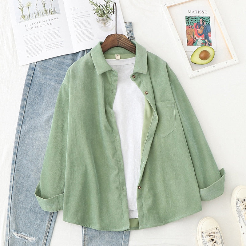 Women's Corduroy Shirt Long Sleeve Button Front Loose Fit Pocket Blouse