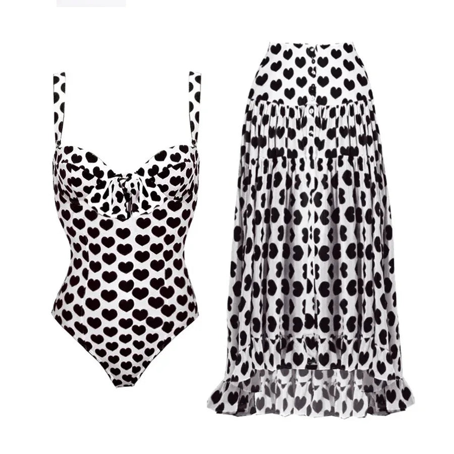 Women's Love Heart Print Swimsuit With Matching Skirt