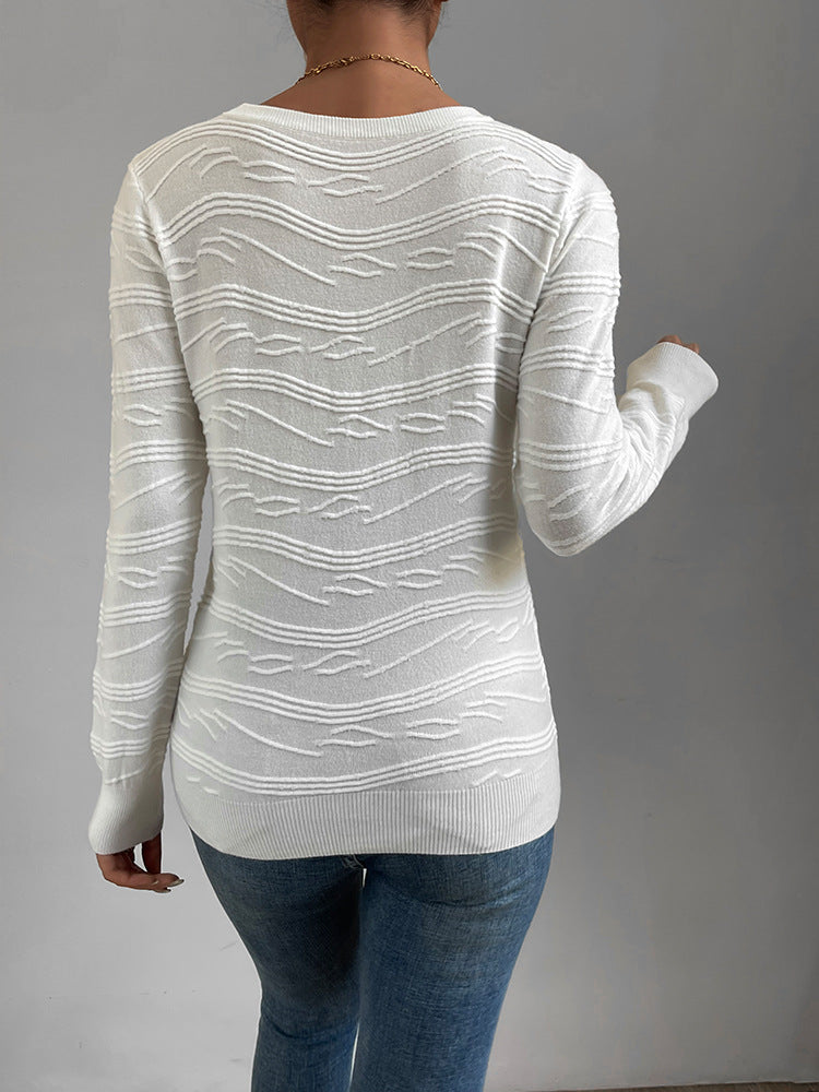 Women's White Thin Sweater Top Jacquard Knitwear Long Sleeve Round Neck Casual Fashion