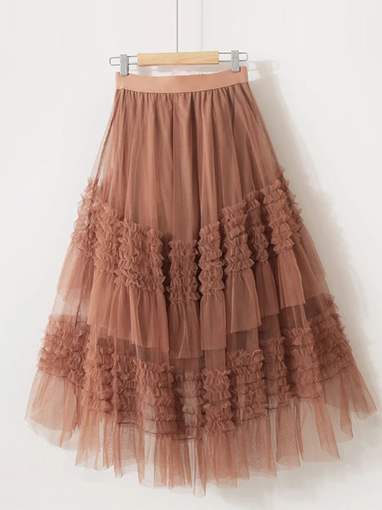 Women's Bohemian Style Ruffle Layered Scalloped Front Mesh Midi Skirt