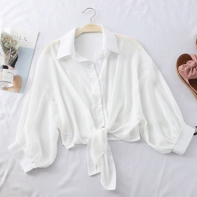 Women's Loose Sheer Blouse Tie Bottom Puff Sleeves Button Front Short Shirt