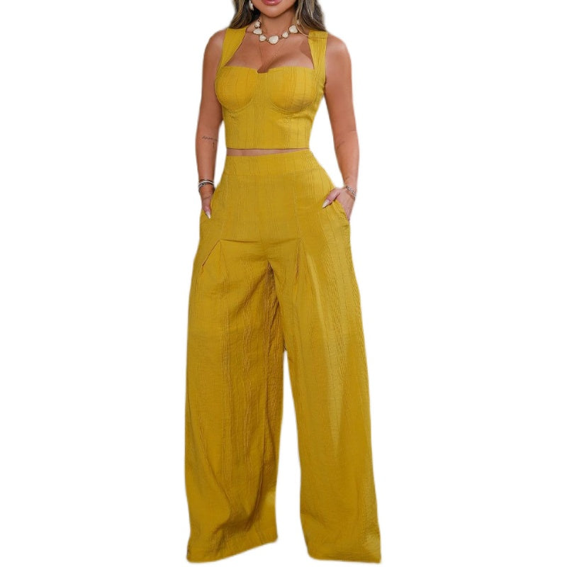 Women's Yellow Top & Trousers Two Piece Set Co-ords Fitted Crop Tank Wide Leg Pockets Bottoms Elegant Fashion