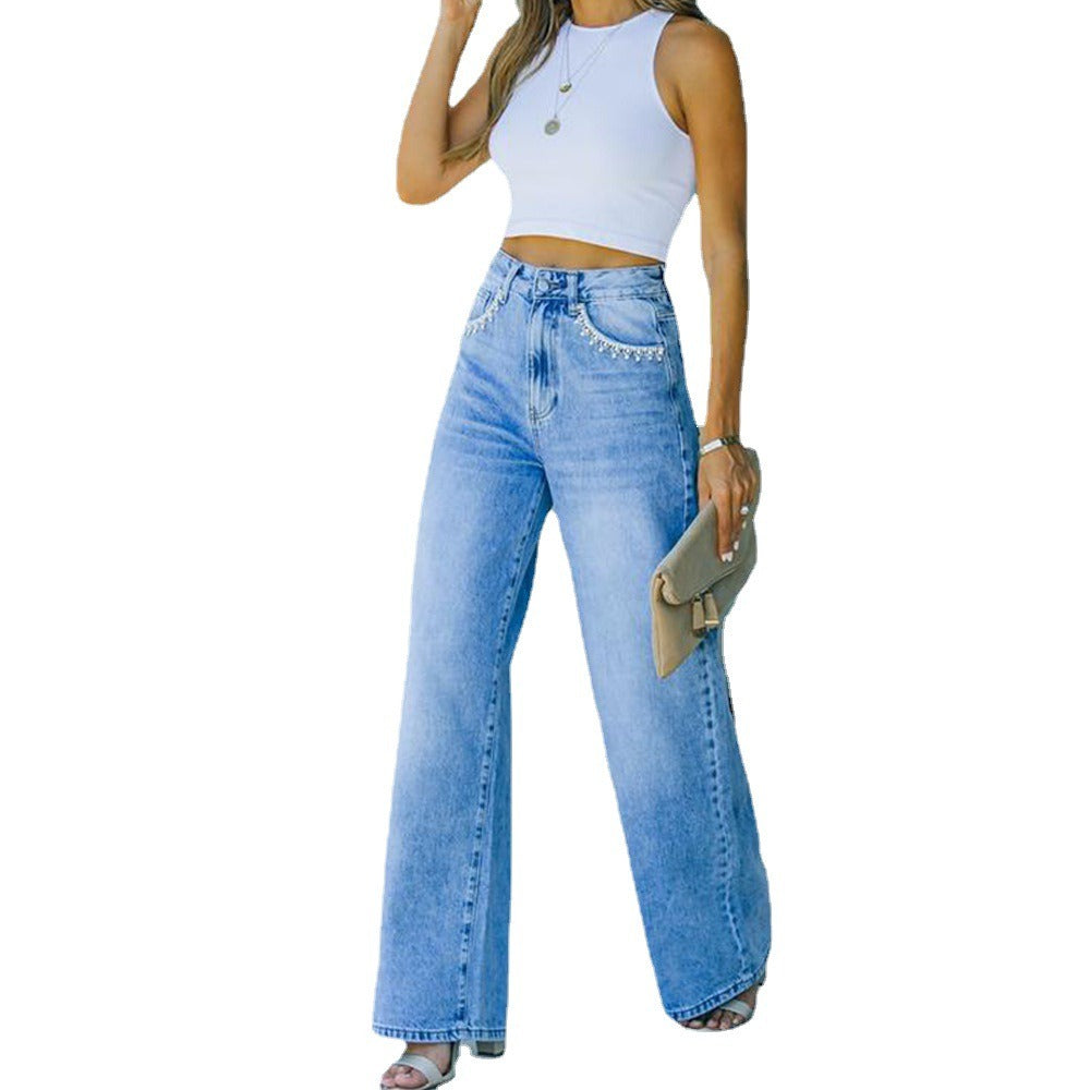 Women's Pearl Pocket Denim Jeans Loose Style Washed Look Pants