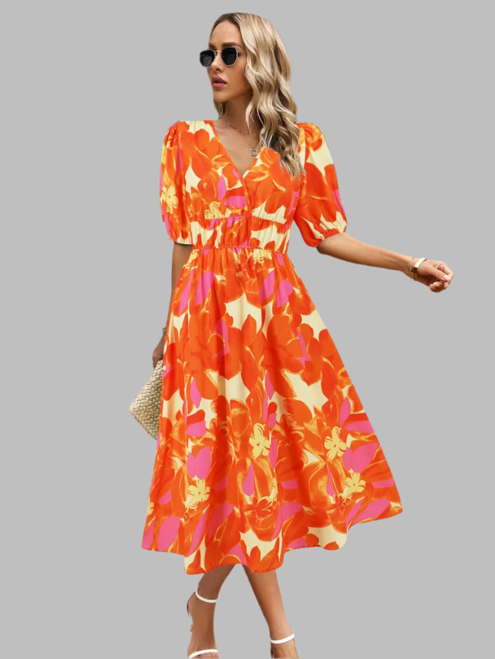 Women's Ruched Floral Print Flare Midi Dress