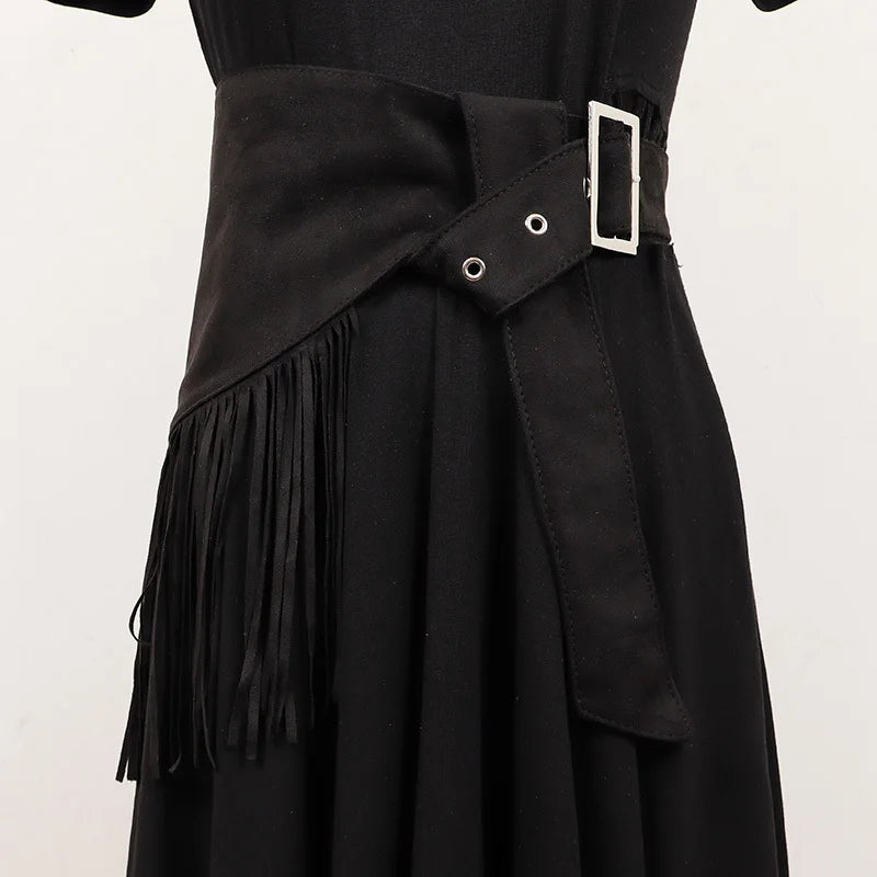 Women's Velvet Bohemian Wide Waistband Buckle Belt With Tassels