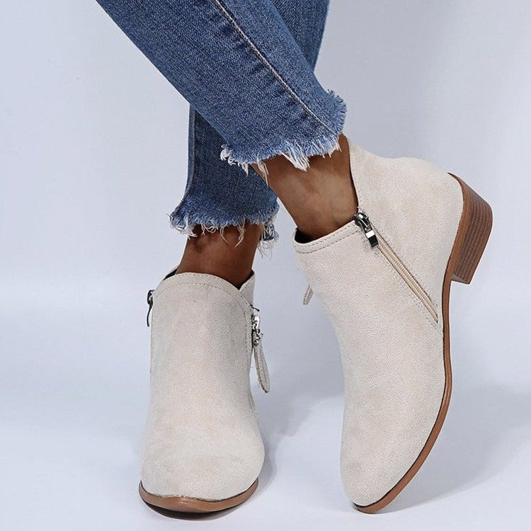 Women's Suede Ankle Boots Short Thick Heel Side Zipper