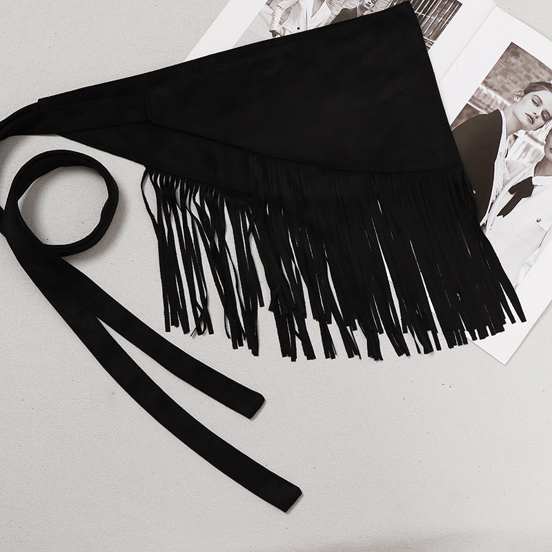 Women's Velvet Bohemian Wide Waistband Buckle Belt With Tassels
