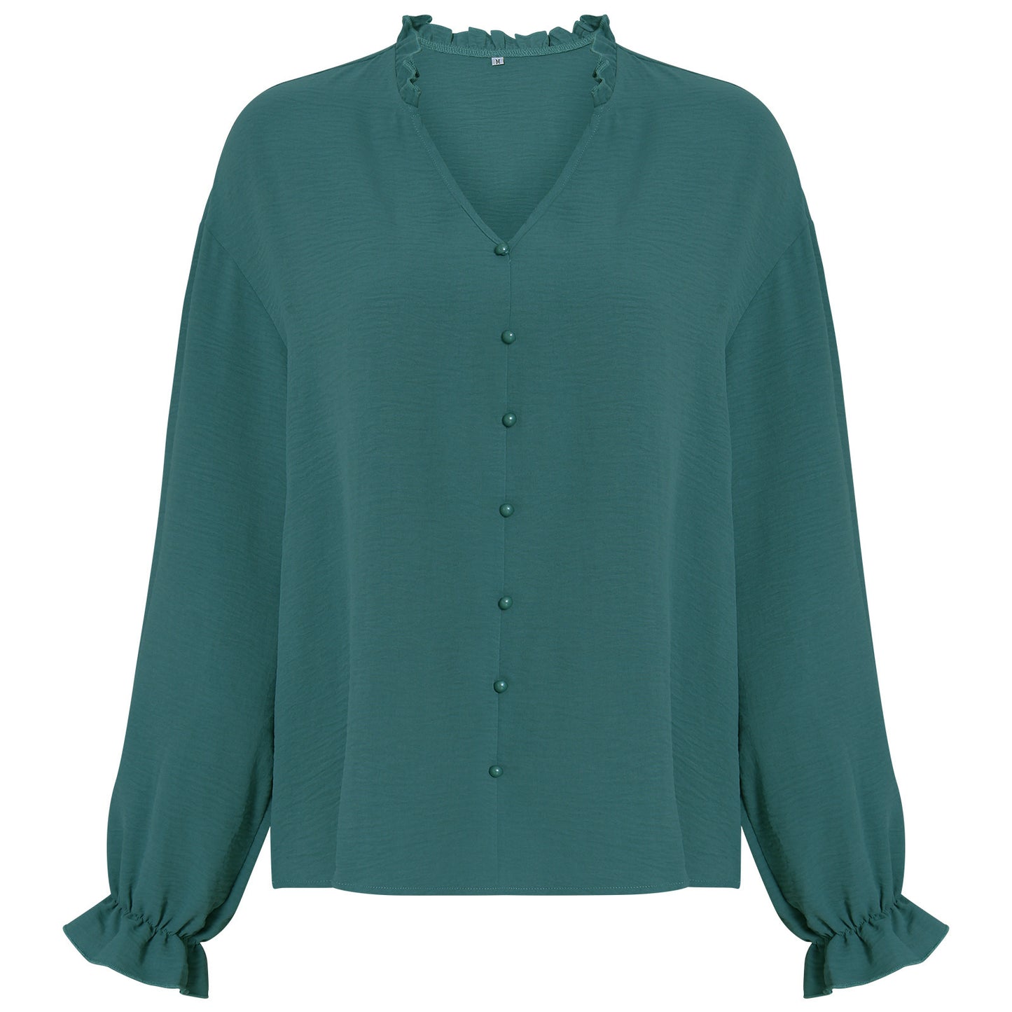 Women's V-Neck Button Detail Frill Collar and Cuffs Blouse