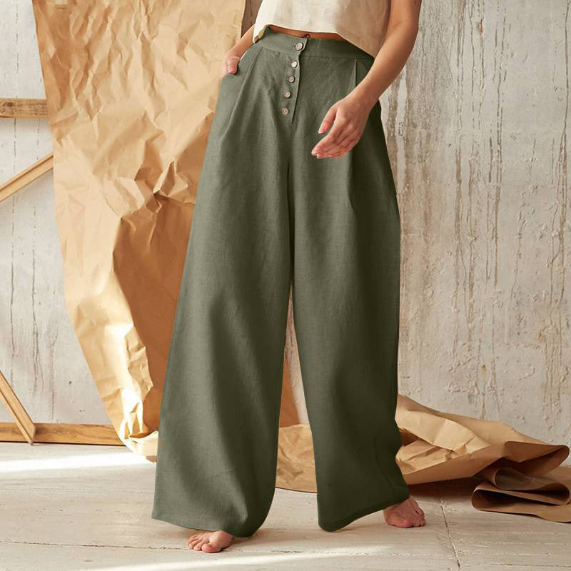 Women's Wide Leg Cotton Linen Baggy Trousers Loose Fitted with Pockets