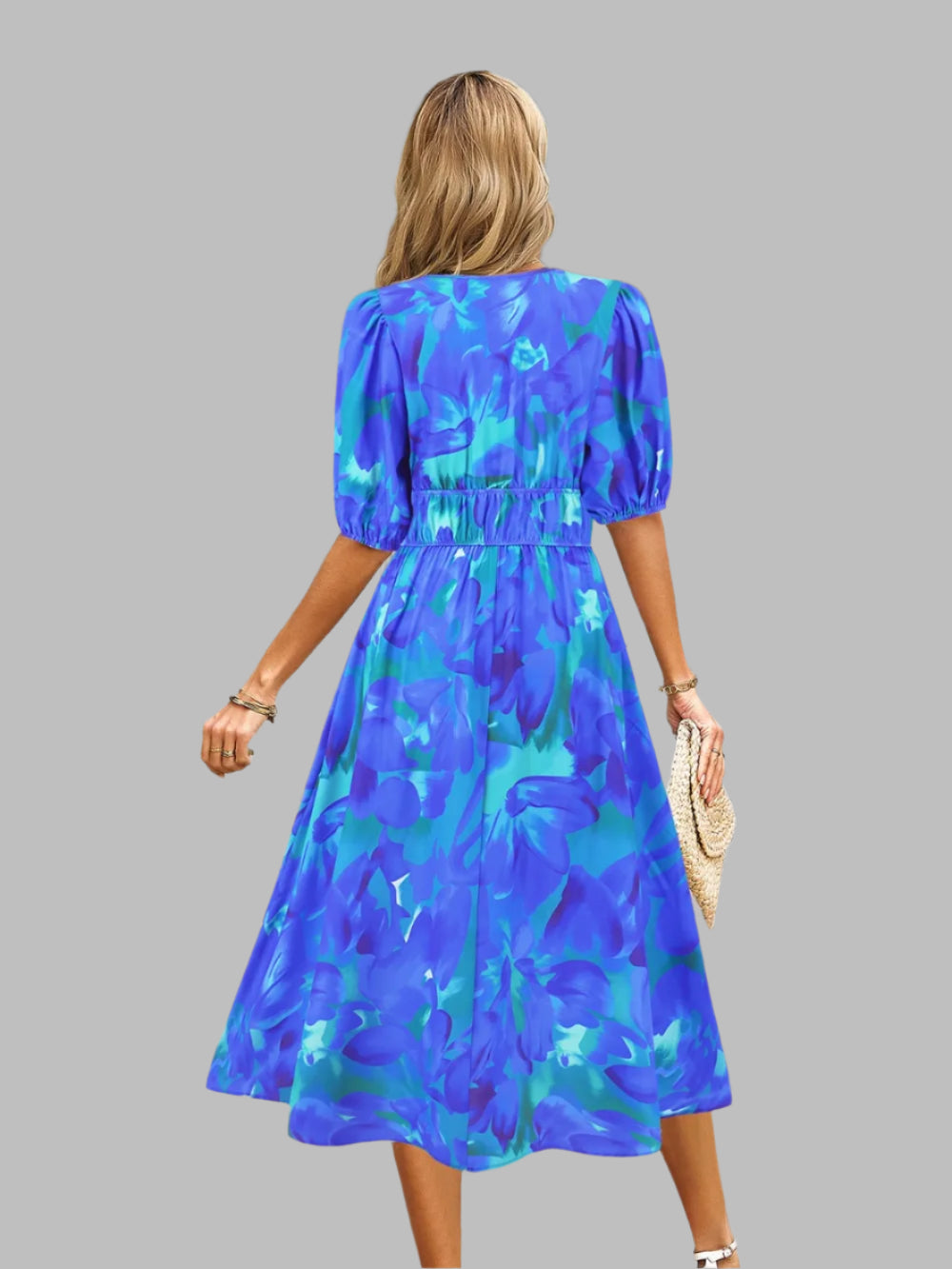 Women's Ruched Floral Print Flare Midi Dress