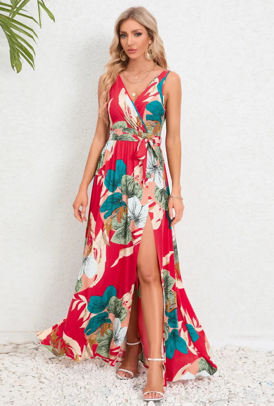 Women's Floral Print V Neck Tie Waist Split Leg Maxi Dress