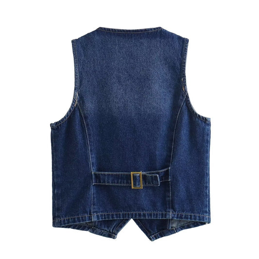 Women's Dark Blue Denim Buckle Back Waistcoat