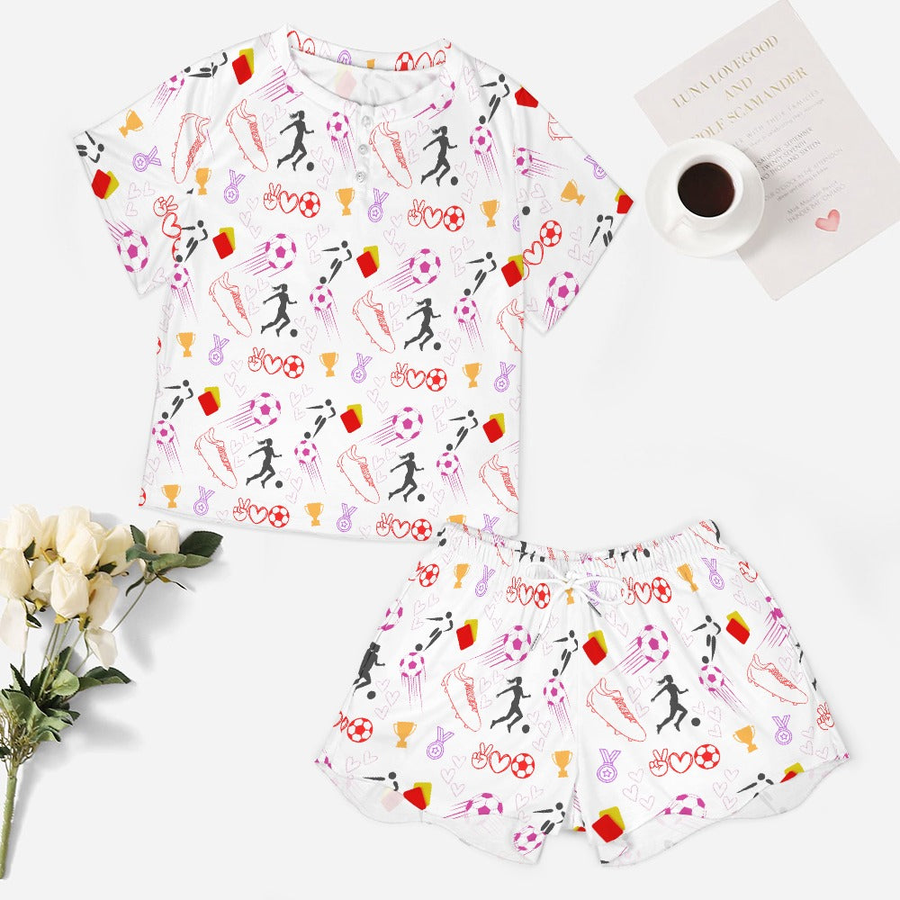 Women's Football Print Two Piece Shorts and T-shirt Pyjamas Set