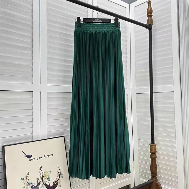 Women's Solid Colour Pleated Elastic Waist Maxi Skirt