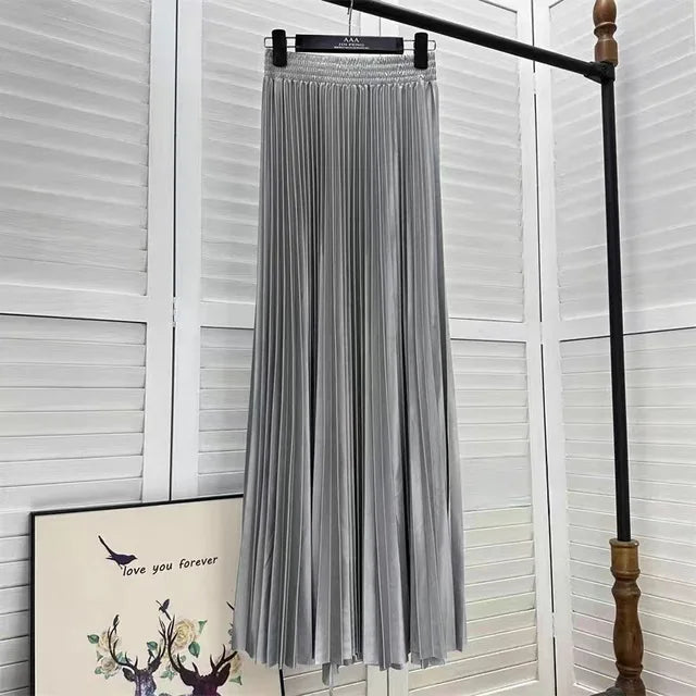 Women's Solid Colour Pleated Elastic Waist Maxi Skirt