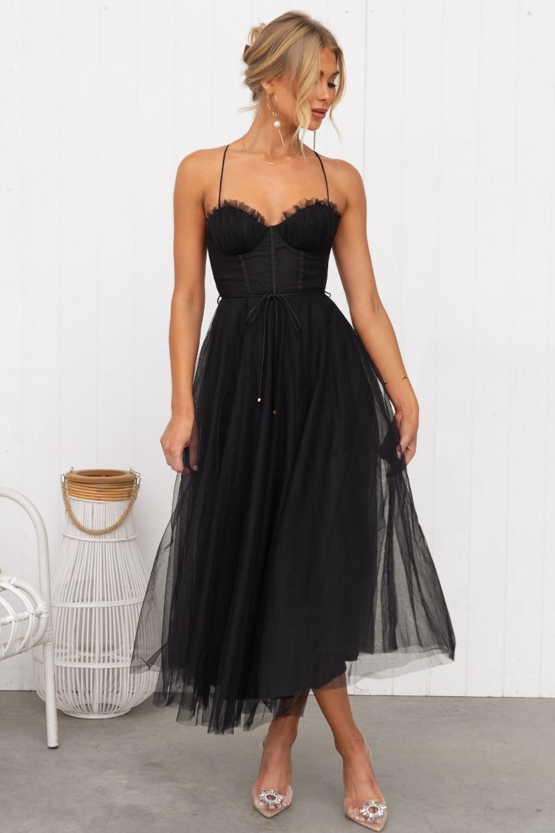 Women's Mesh Corset Style Strappy Sweetheart Front Long Dress