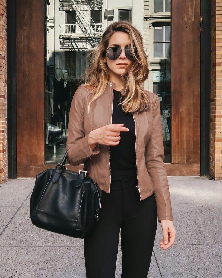 Women's Basic Faux Leather Jacket Long Sleeve Zip Front Straight Collar