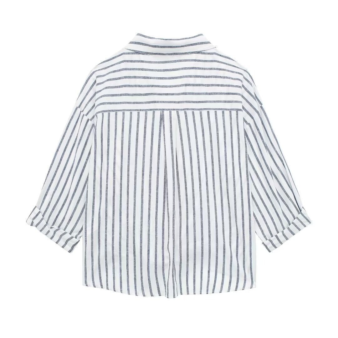 Women's Striped Knot Twist Front Shirt Linen V-Neck Blouse