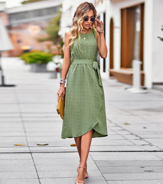 Women's Jacquard Textured Spot Dress Sleeveless Round Neck Top Tie Waist Long Wrap Skirt