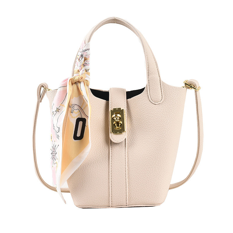 Women's Shoulder Handbag Lock Buckle Silk Scarf New Lychee Pattern Small Fresh Messenger Bucket Bag PU Leather