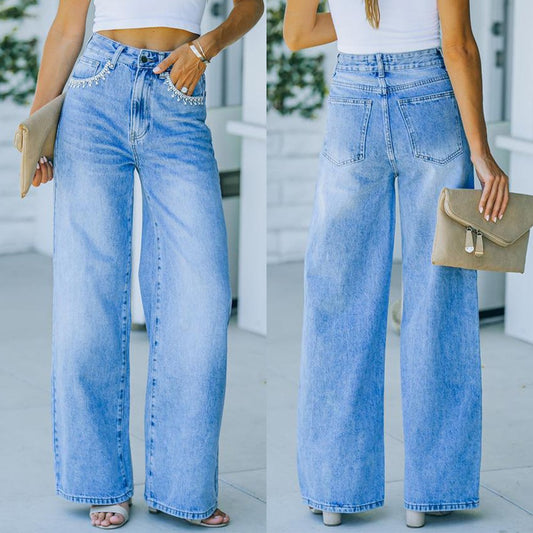 Women's Pearl Pocket Denim Jeans Loose Style Washed Look Pants