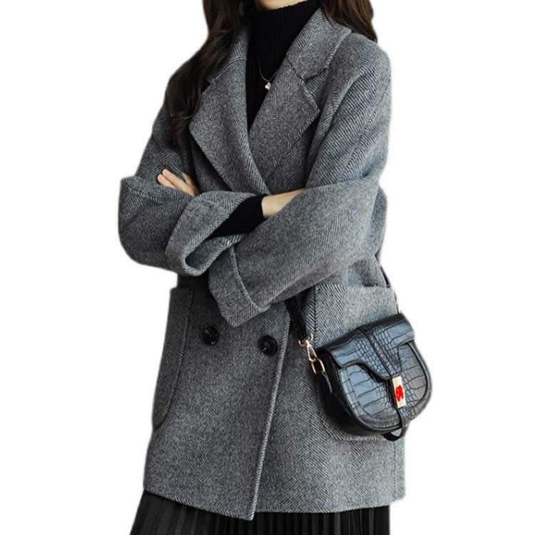 Women's Herringbone Wool Coat Double Breasted Loose Fit With Pockets