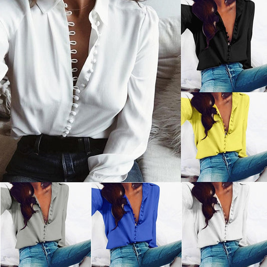 Women's Solid Colour Blouse Loop Button Long Sleeve Lapel Shirt