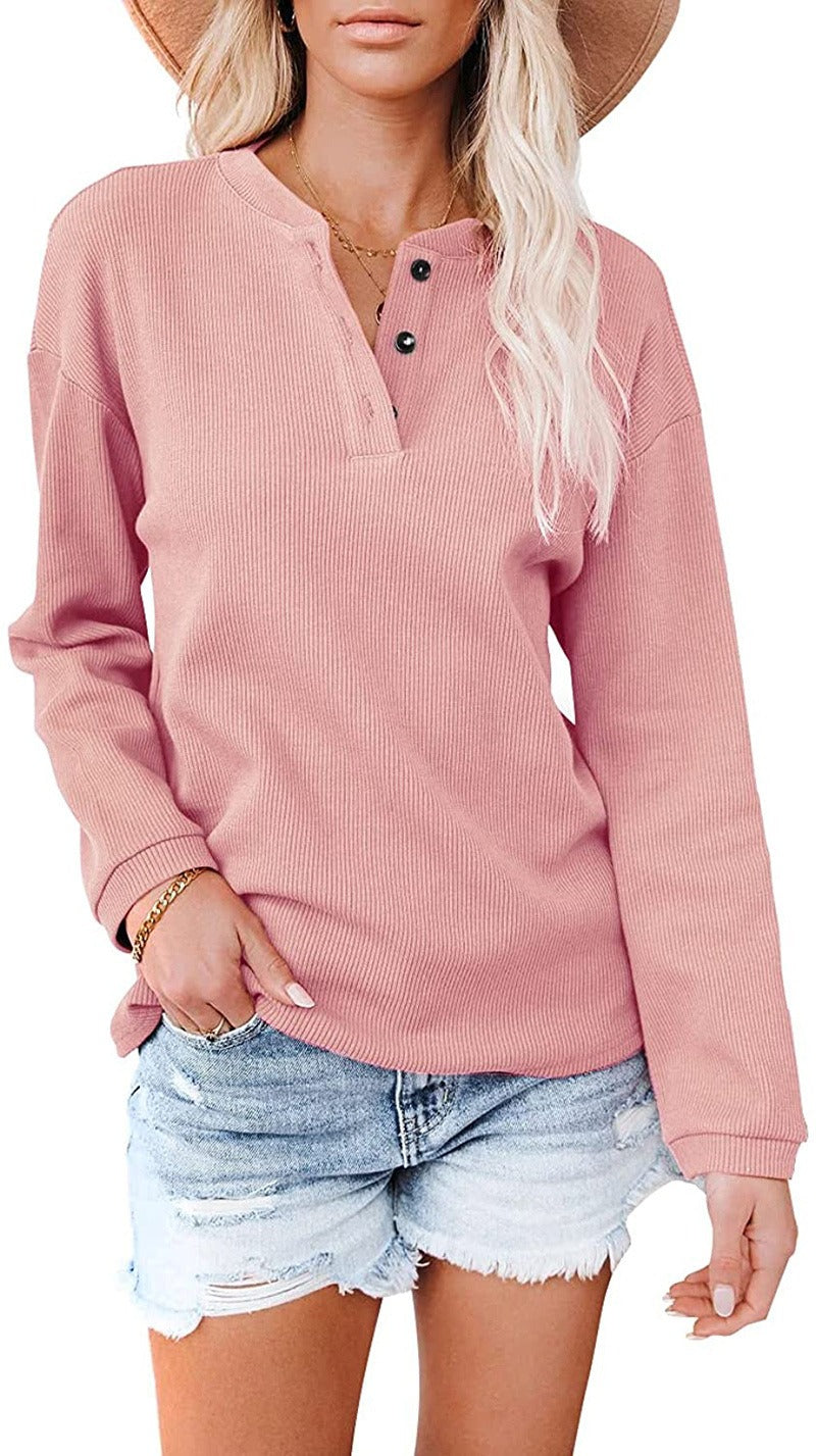 Women's Solid Colour V-Neck Long Sleeved Top Button Collar Round Neck Sweater