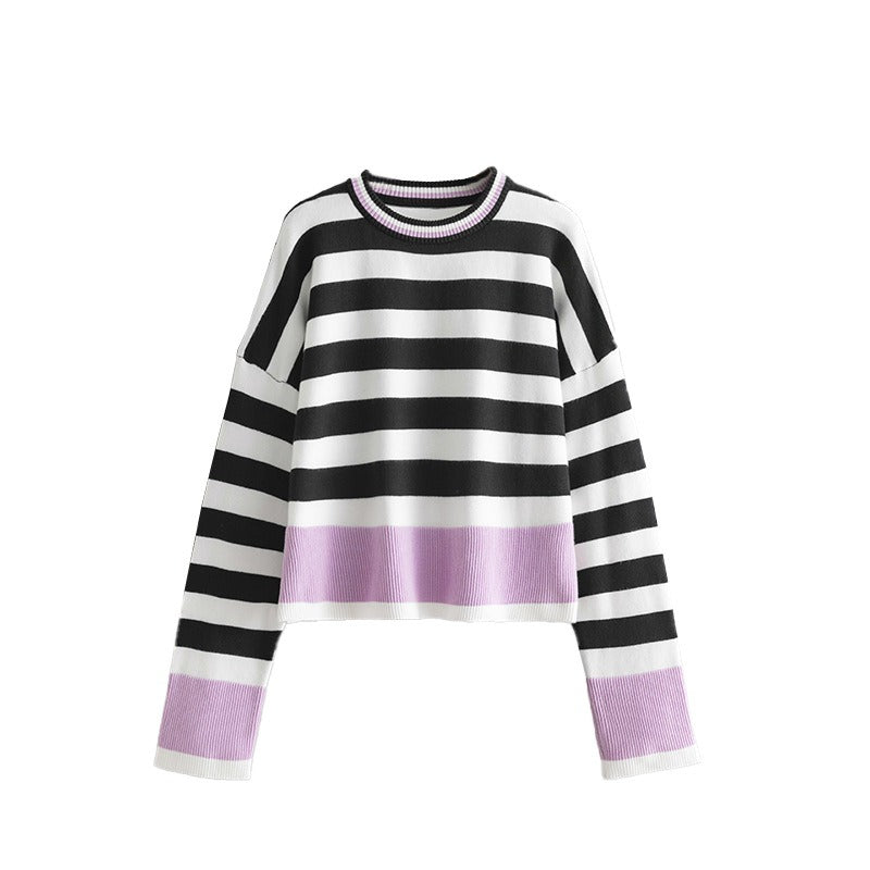 Women's Striped Long Sleeved Round Neck Knitted Sweater Jumper