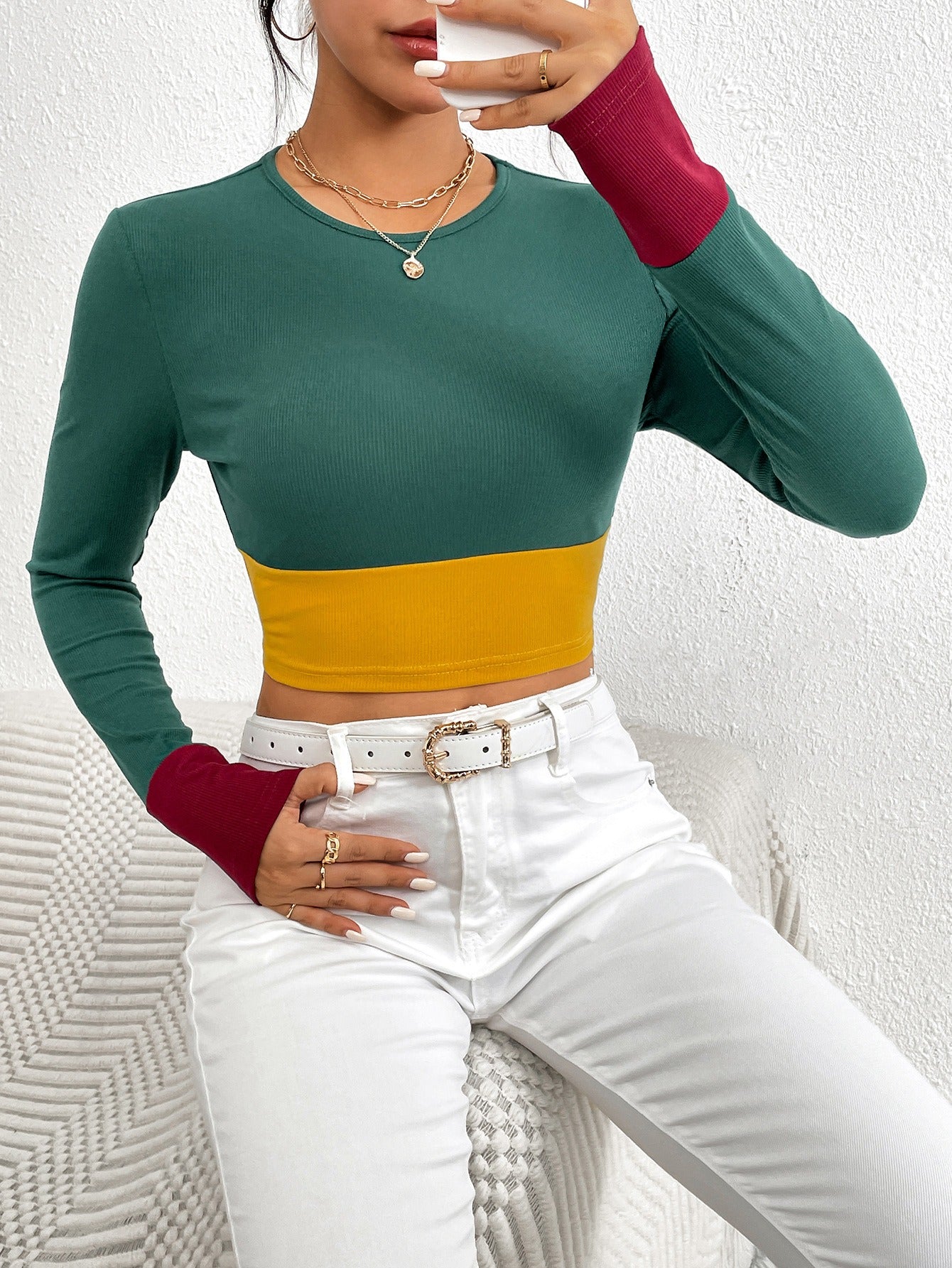 Women's Block Contrast Colour Crop Top Long Sleeve Round Neck T-Shirt