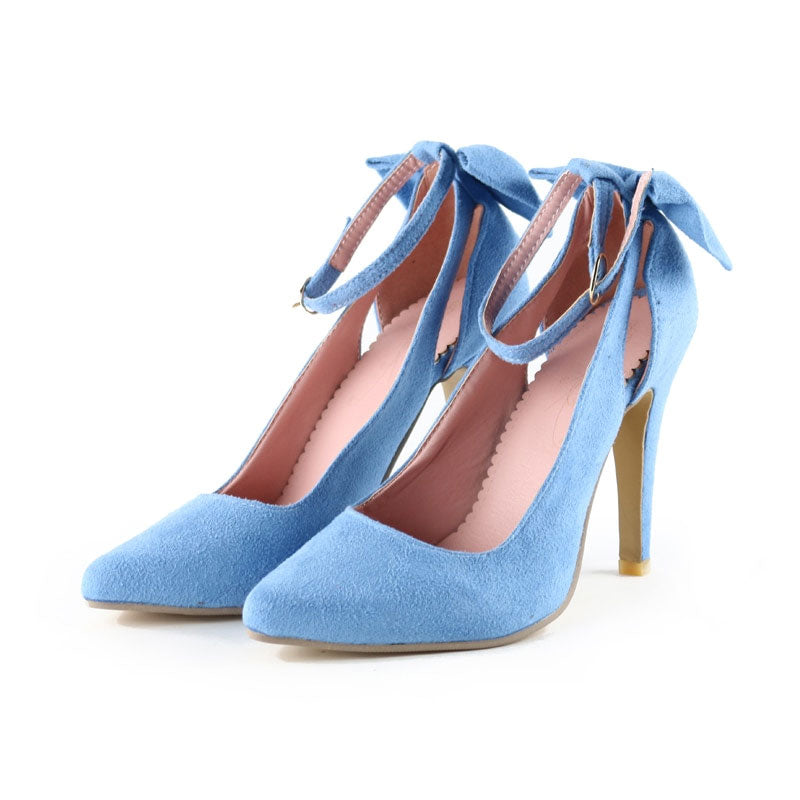 Women's Faux Suede Bow Detail High Heels Pointed Toe Thin Ankle Buckle Strap Stiletto Shoes