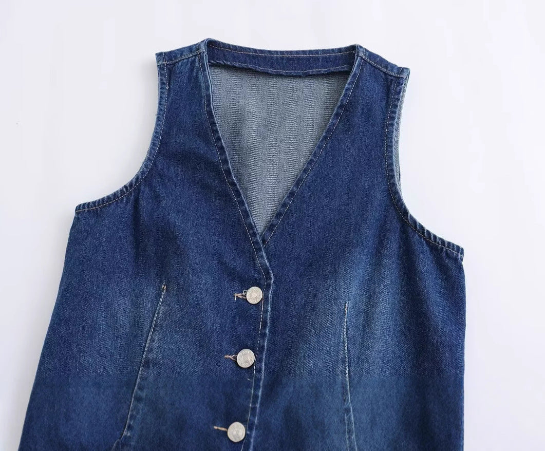 Women's Dark Blue Denim Buckle Back Waistcoat
