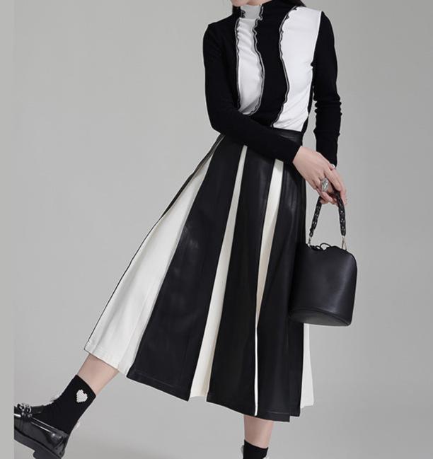 Women's PU Leather Black and White Patchwork Pleated Fitted Waist Ankle Length A-Line Skirt