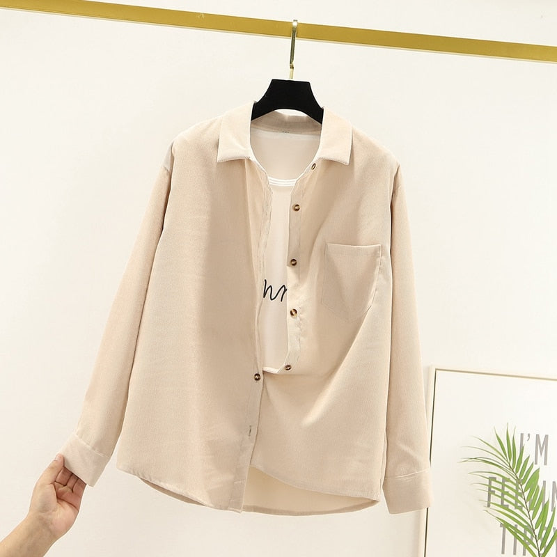 Women's Corduroy Shirt Long Sleeve Button Front Loose Fit Pocket Blouse