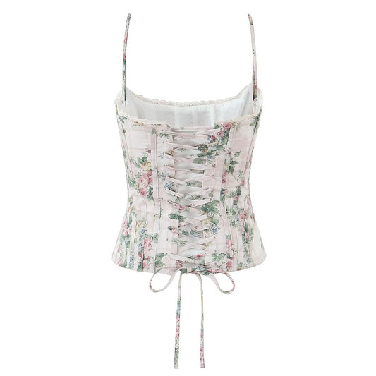 Women's Floral Print Corset Style Lace Up Strappy Top