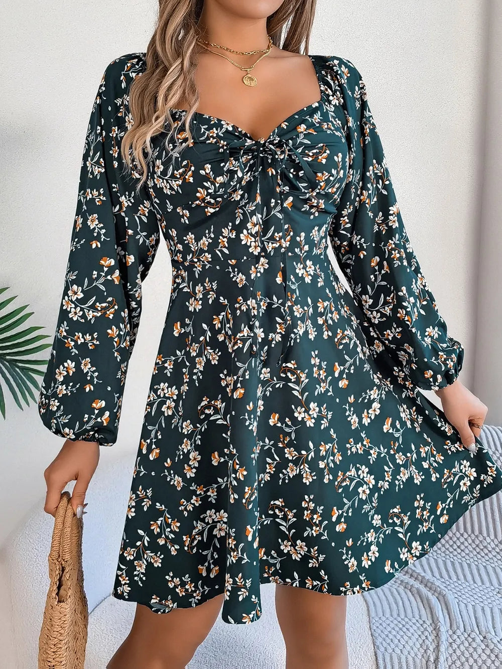 Women's Floral Print Sweetheart Neck Long Sleeve Mini Dress