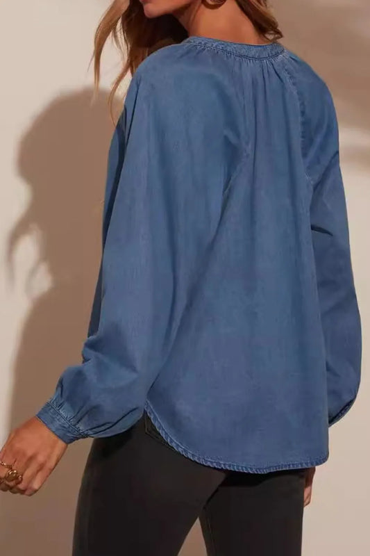 Women's V Neck Loose Fit Denim Blouse