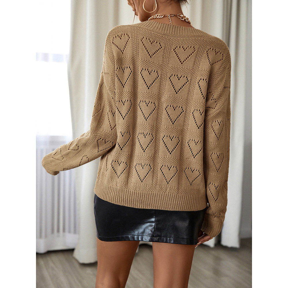 Women's Cut Out Heart Design Knitted Sweater Long Sleeve V-Neck Jumper Casual Fashion