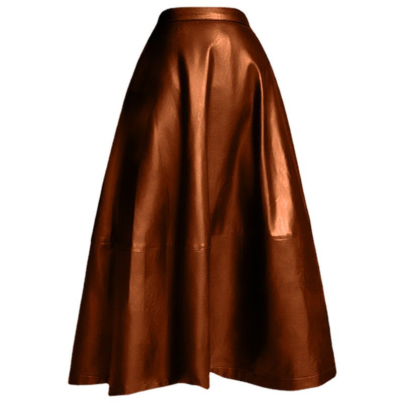 Women's PU Leather Patchwork A-Line Flare Midi Skirt