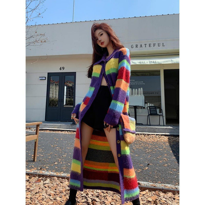 Women's Rainbow Striped Colourful Knitted Long Cardigan