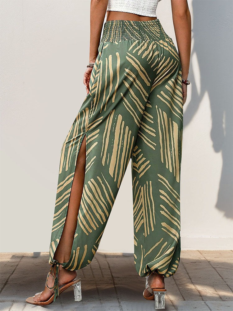 Women's Bohemian Style Green Split Leg Ankle Tie High Waist Harem Trousers