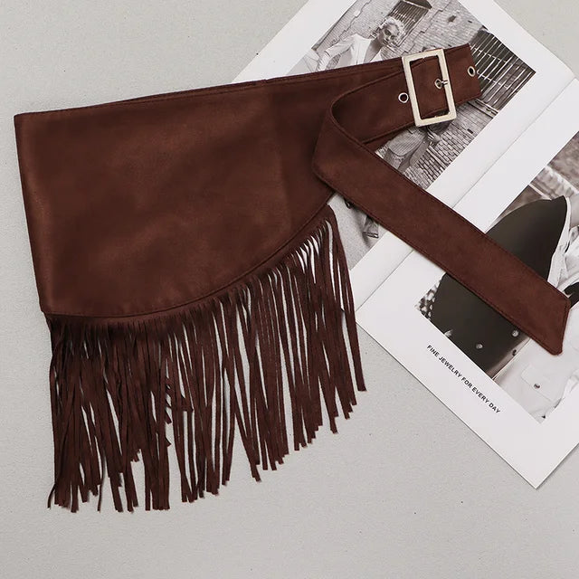 Women's Velvet Bohemian Wide Waistband Buckle Belt With Tassels