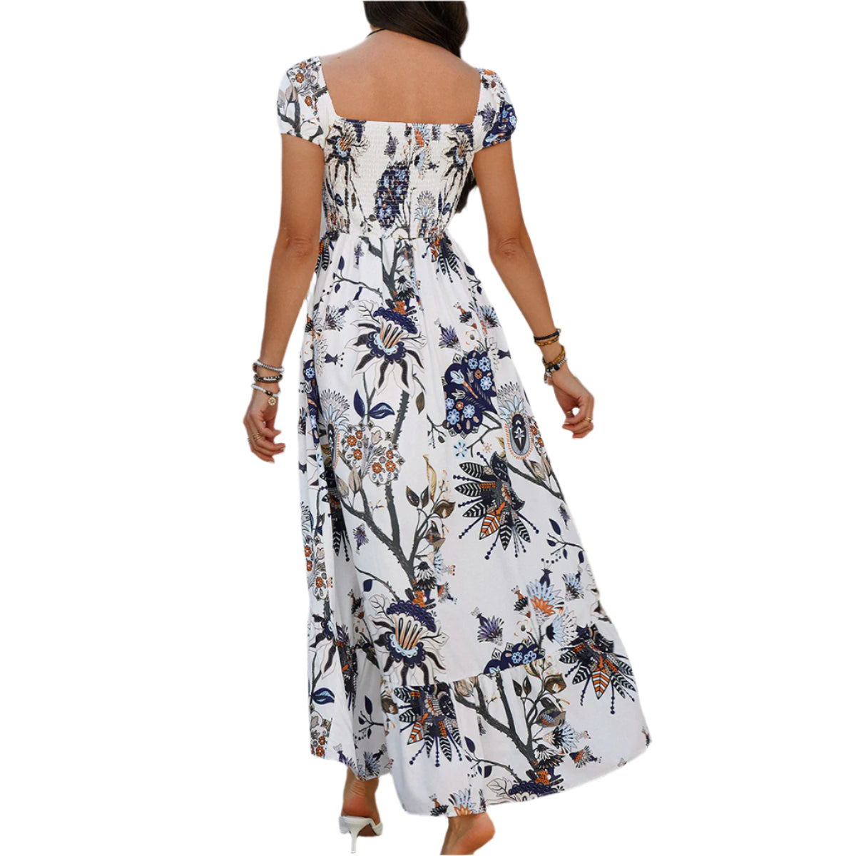 Women's Bohemian Floral Short Sleeve Fitted Maxi Dress
