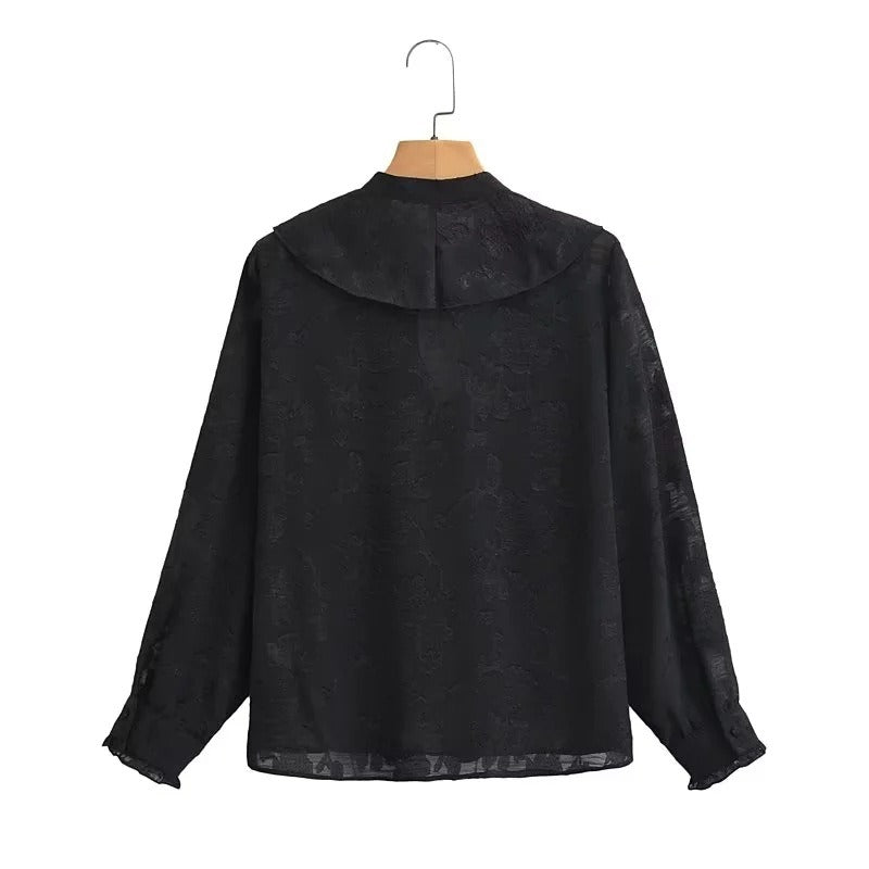 Women's Ruffle Frill Collar Layered Front Blouse Long Sleeve Top
