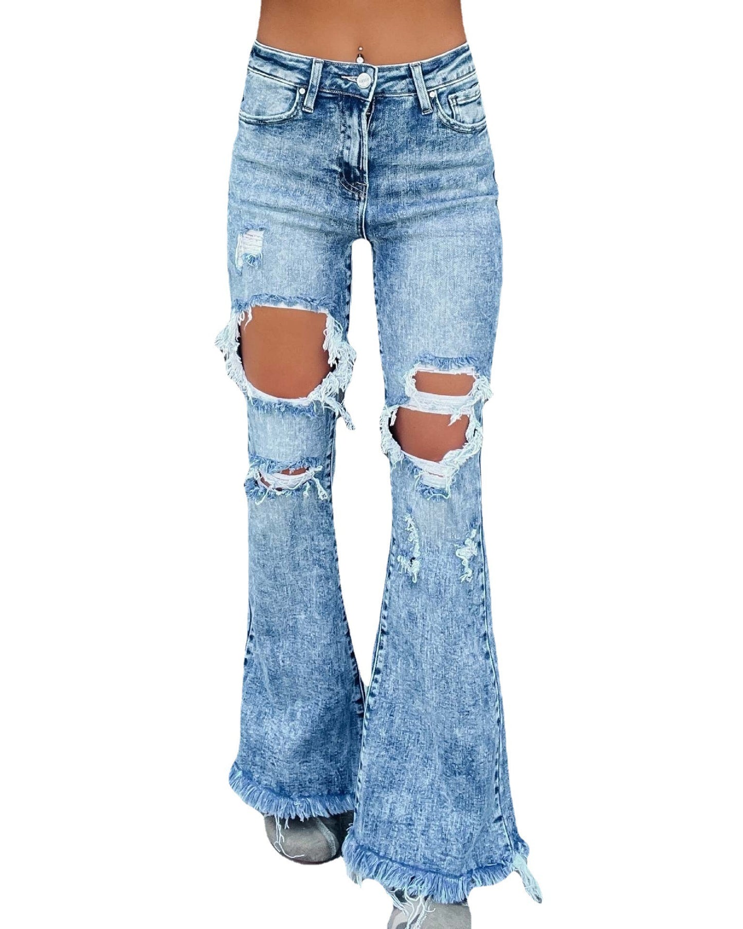 Women's Denim Jeans Ripped Tassel Frill Edge Flared Trousers