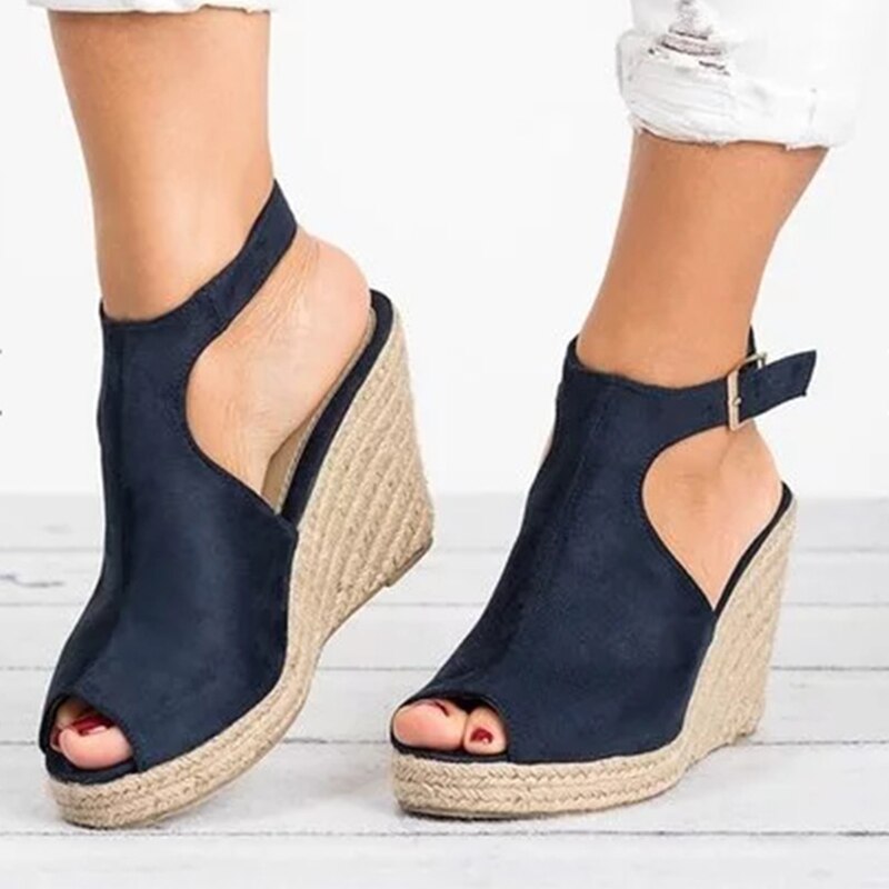 Women's Faux Suede Peep Toe Cork Wedge Ankle Strap Sandals