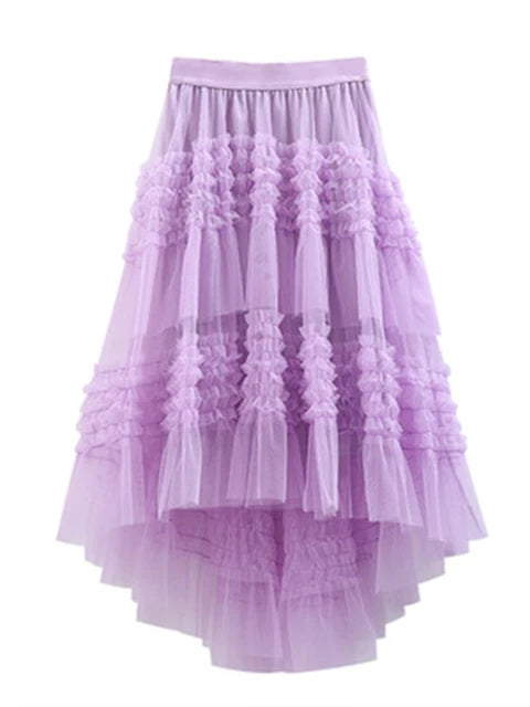 Women's Bohemian Style Ruffle Layered Scalloped Front Mesh Midi Skirt